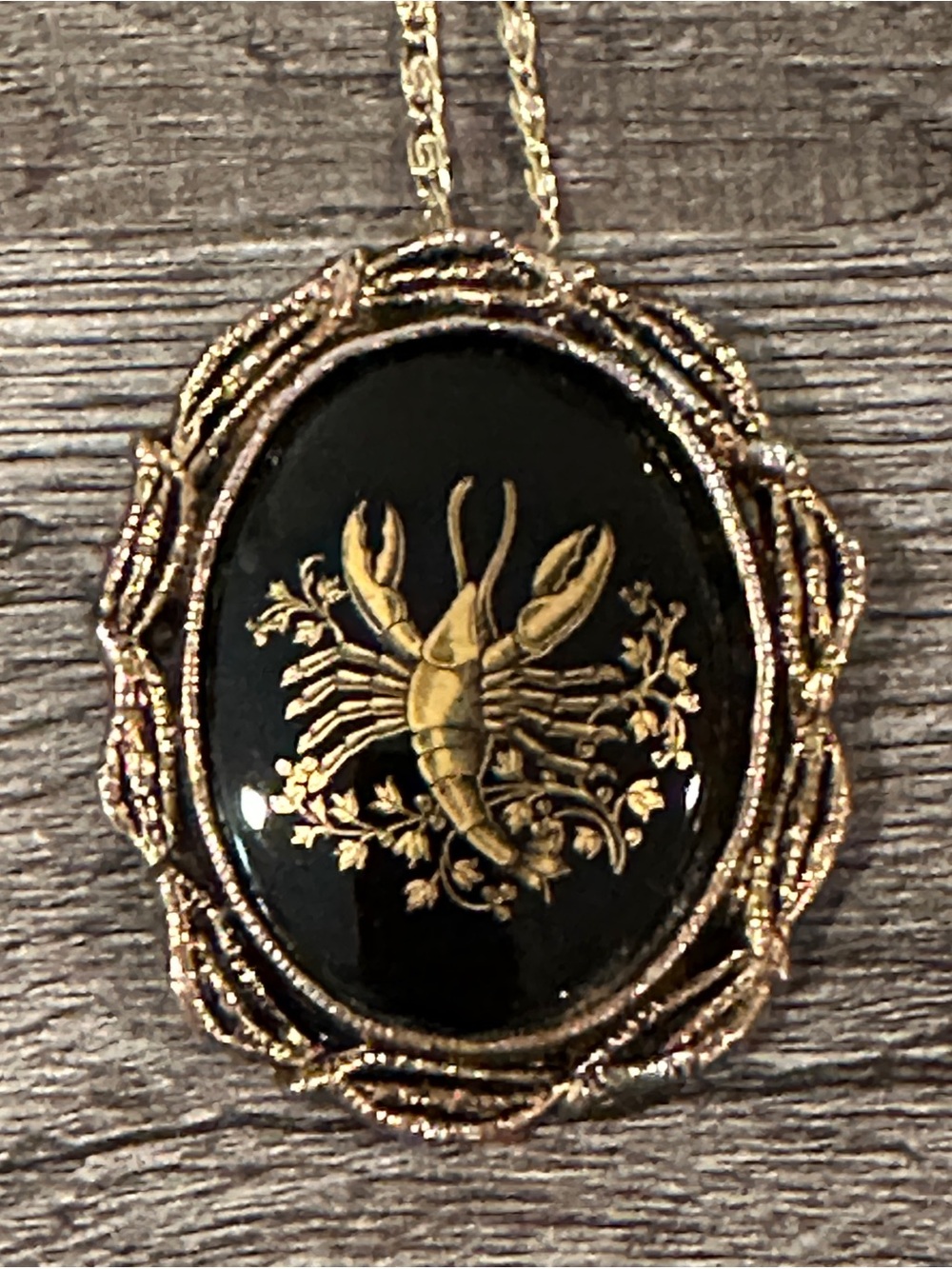 Vtg Cancer Zodiac Brooch Necklace Pendant Black Gold Glass Cabochon Lobster Crab